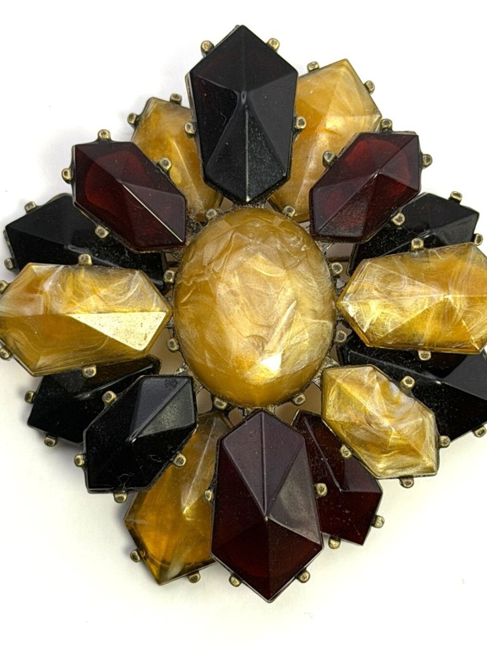 Vintage Lucite Brooch Large Layered Fall Colors Amber Burgundy Black MCM